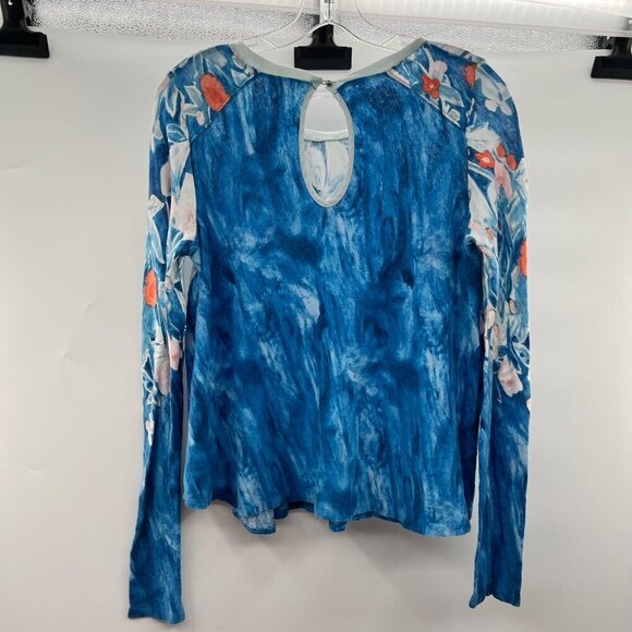 Meadow Rue Women's Long Sleeve Floral Top Blue/Multi Size Medium Keyhole Back - Picture 7 of 9